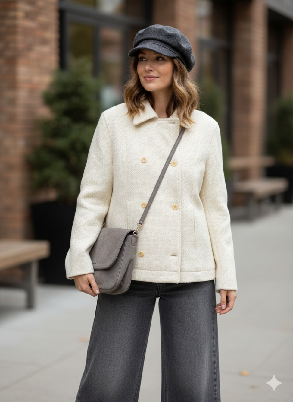 VTG Jones New York Pea Coat wool Texture Cream DoubleBreasted Career Classic,M/L